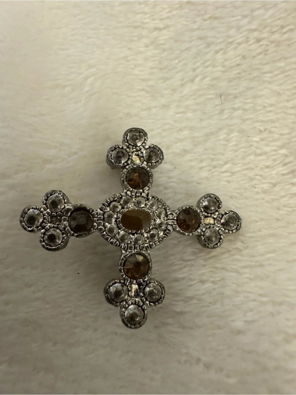 Vintage-Inspired Silver Cross Brooch with Brown Stones